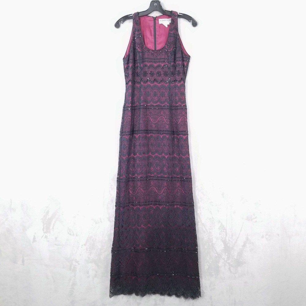 Richard Warren Beaded Lace Maxi Dress Black Red Formal Evening Gown Petites Goth